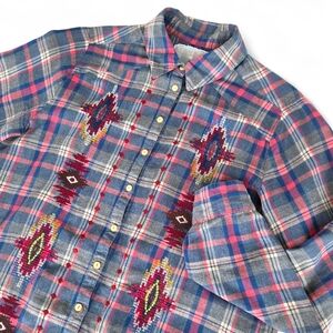 Johnny Was / 3J Workshop Blue and Pink Embroidered Plaid Shirt Southwest Aztec